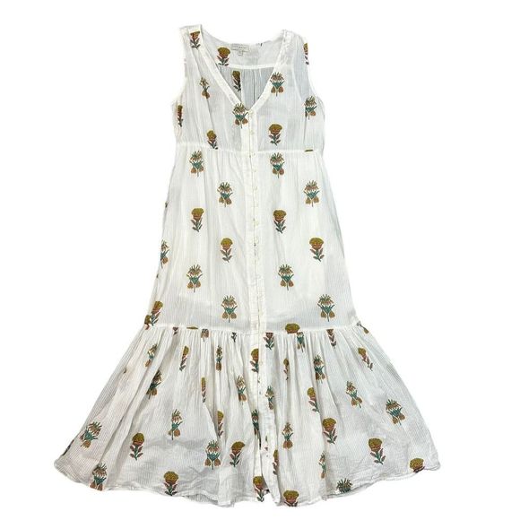 Lucky Brand Women White Cotton Pineapple Print Midi Dress Ruffle Sleeveless Maxi - Picture 2 of 14